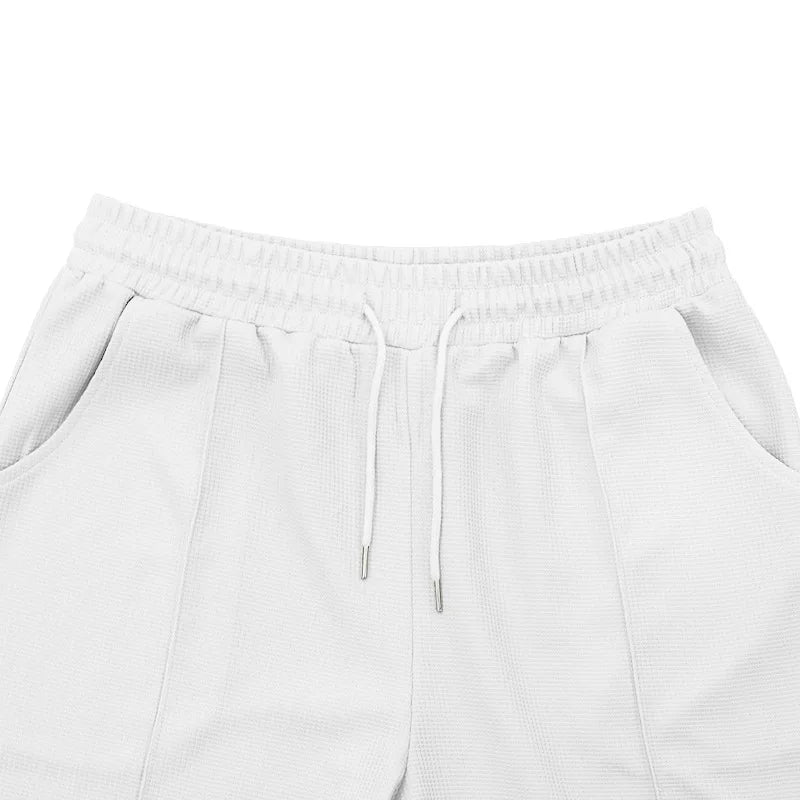 Men's Waffle Knit 2 Piece Tracksuit Set Solid Color Short Sleeve Crew Neck T Shirt Elastic Waist Shorts Summer Casual  Outfit.