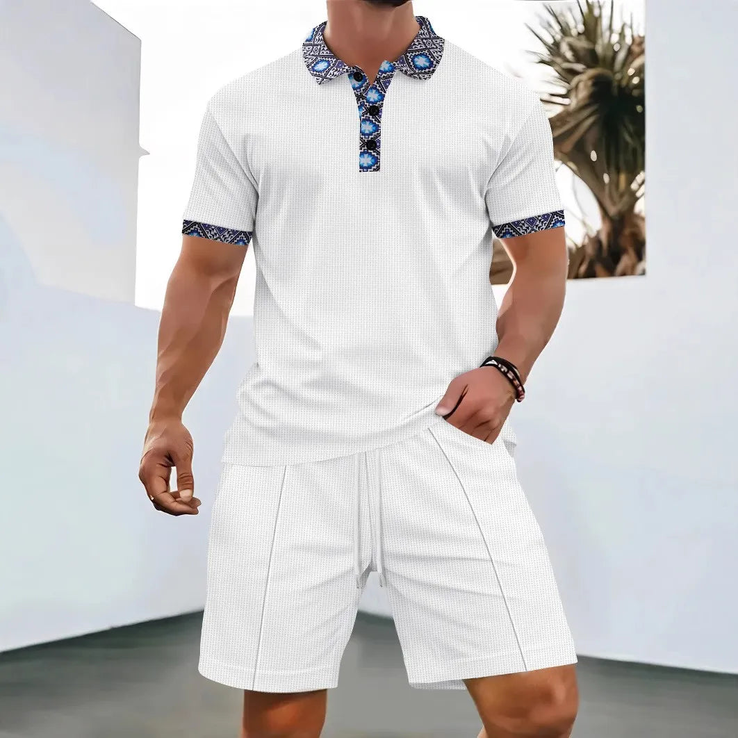 Summer Waffle Solid Color Casual Loose Collar Polo Shirt Set European and American Men Short Sleeved Shorts Casual Set