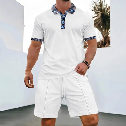 Summer Waffle Solid Color Casual Loose Collar Polo Shirt Set European and American Men Short Sleeved Shorts Casual Set
