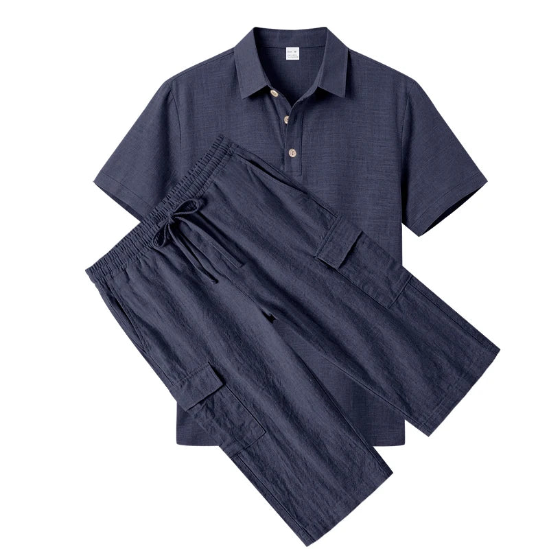 Men's Linen Breathable Loose Polo Two-Piece Set Short-Sleeve Top Work Pants Summer Beach Casual Sports Outfit
