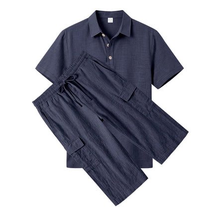 Men's Linen Breathable Loose Polo Two-Piece Set Short-Sleeve Top Work Pants Summer Beach Casual Sports Outfit