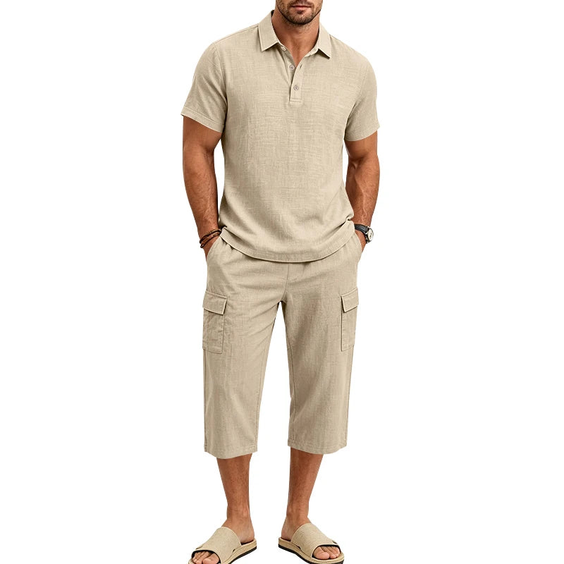 Men's Linen Breathable Loose Polo Two-Piece Set Short-Sleeve Top Work Pants Summer Beach Casual Sports Outfit