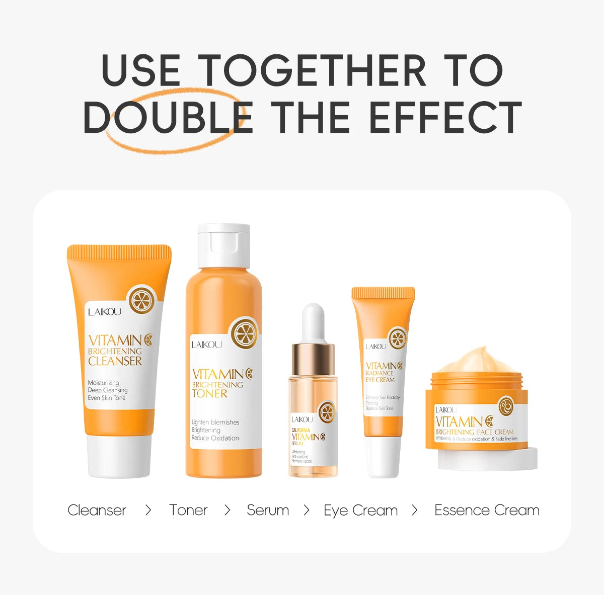 LAIKOU VITAMIN C Skincare Set Brightening 5Pcs Kit Even Skin Tone Smooth Wrinkle Tighten Pores Cleanser Toner Serum Eye Cream