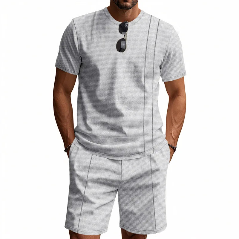 Men's Waffle Knit 2 Piece Tracksuit Set Solid Color Short Sleeve Crew Neck T Shirt Elastic Waist Shorts Summer Casual  Outfit.