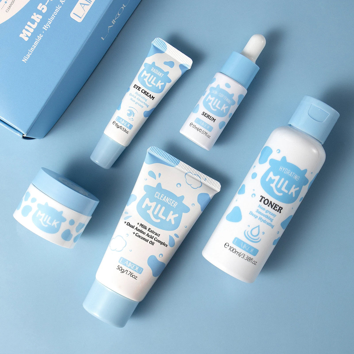 LAIKOU Milk Glowing Skincare Set Hydrating Brightening Anti-Age Firming Facial Care Cleanser Toner Serum Eye Cream Moisturizer
