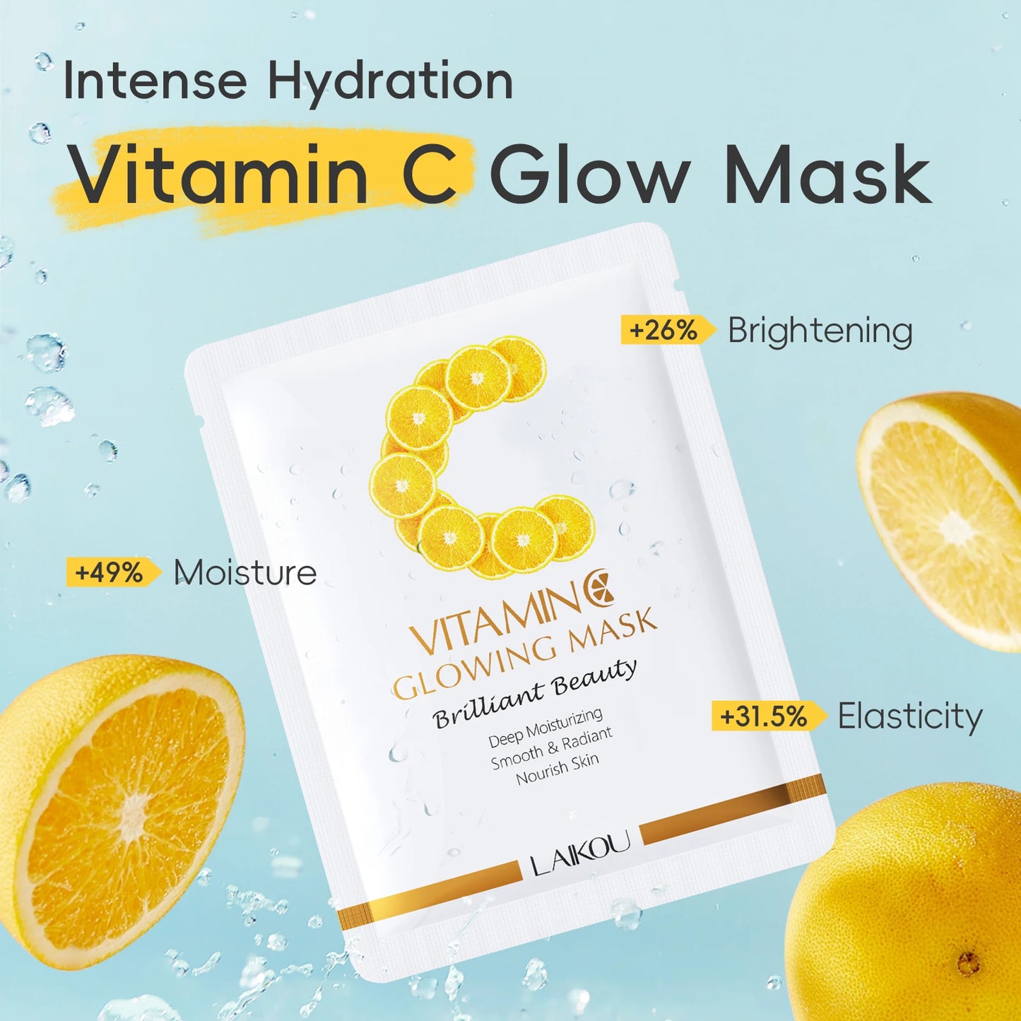 LAIKOU Vitamin C Glowing Mask Brightening Sheet Mask Hydrating Face Mask Anti-Age Skin Care 25g*20pcs