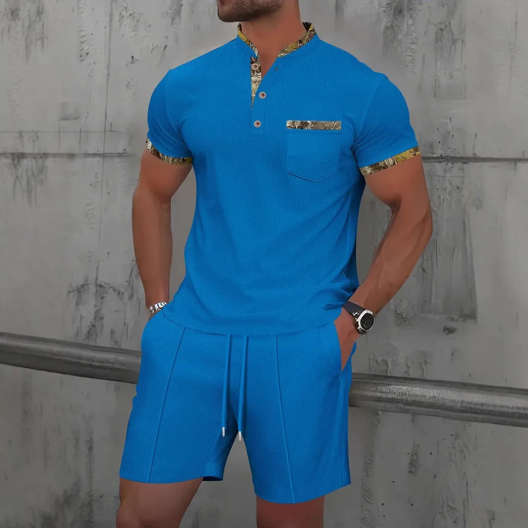 Summer Waffle Solid Color Casual Loose Collar Polo Shirt Set European and American Men Short Sleeved Shorts Casual Set