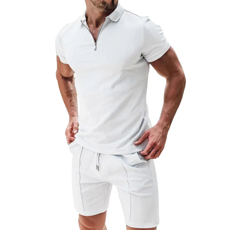 Men's Short Sleeved Shorts Casual Set Summer Waffle Solid Color Casual Sports Trend Loose Collar T-shirt Set Men