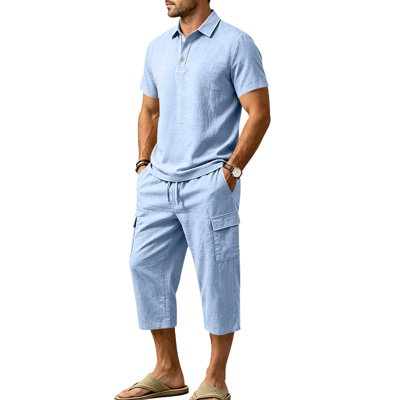 Men's Linen Breathable Loose Polo Two-Piece Set Short-Sleeve Top Work Pants Summer Beach Casual Sports Outfit