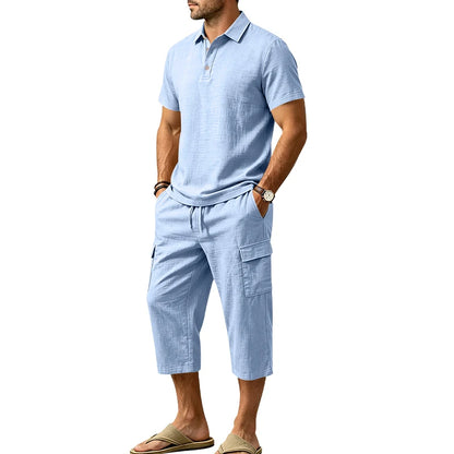 Men's Linen Breathable Loose Polo Two-Piece Set Short-Sleeve Top Work Pants Summer Beach Casual Sports Outfit