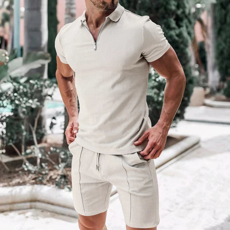 Men's Short Sleeved Shorts Casual Set Summer Waffle Solid Color Casual Sports Trend Loose Collar T-shirt Set Men