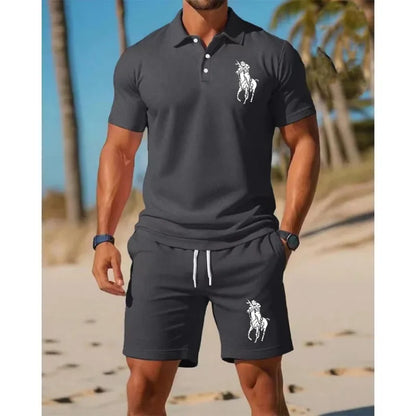 Men's trendy sports polo shirt paired with shorts,  print on the chest and breathable fabric,   distance travel and home wear