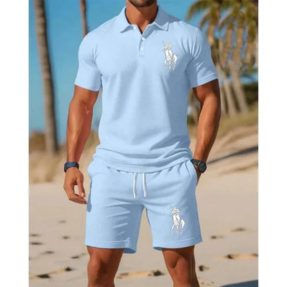 Men's trendy sports polo shirt paired with shorts,  print on the chest and breathable fabric,   distance travel and home wear