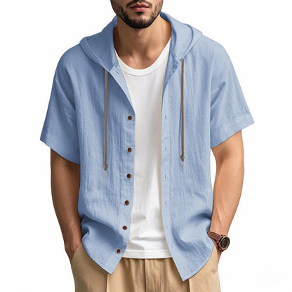 SOSUSU Men Short Sleeve Hooded Shirt Casual Button Down Drawstring Linen Style Summer Beach Tops Lightweight Breathable Loose