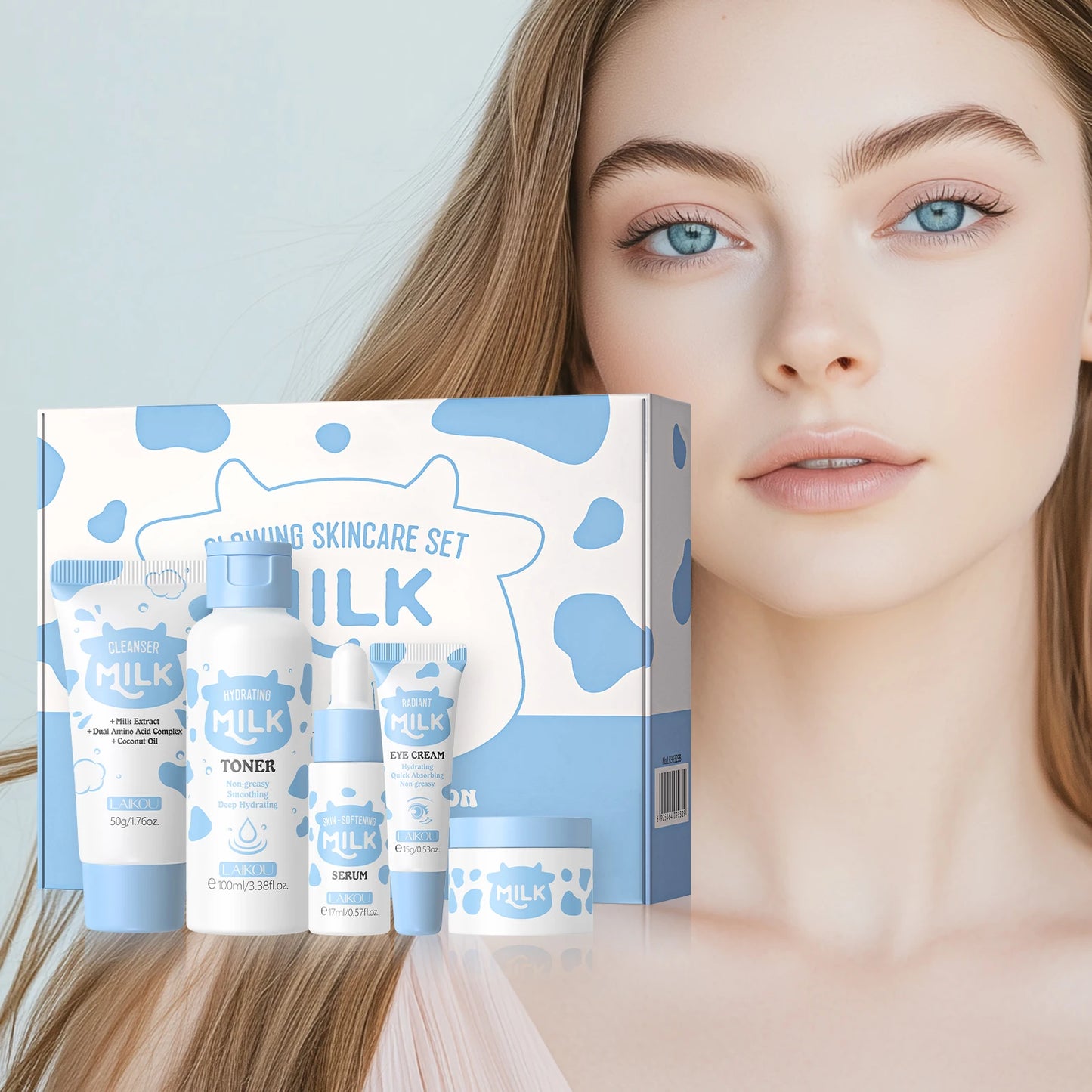 LAIKOU Milk Glowing Skincare Set Hydrating Brightening Anti-Age Firming Facial Care Cleanser Toner Serum Eye Cream Moisturizer