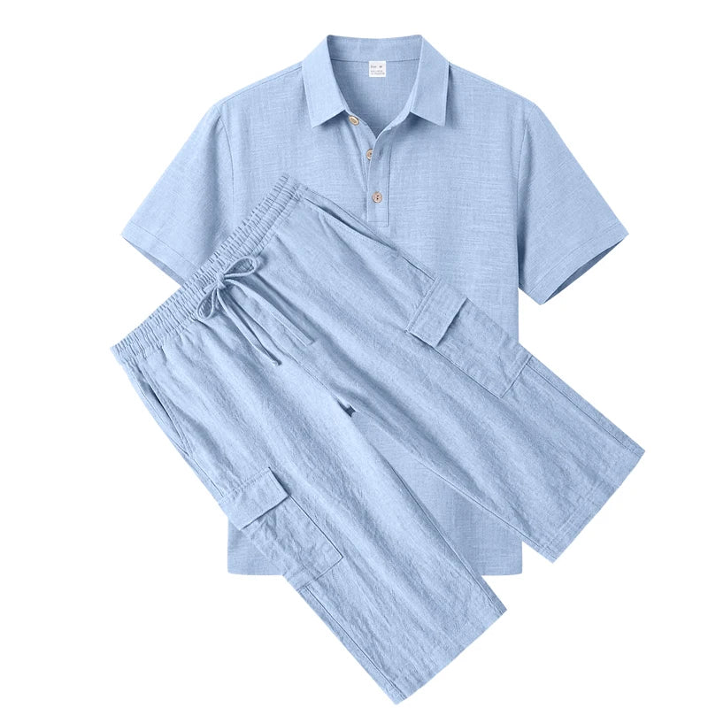 Men's Linen Breathable Loose Polo Two-Piece Set Short-Sleeve Top Work Pants Summer Beach Casual Sports Outfit