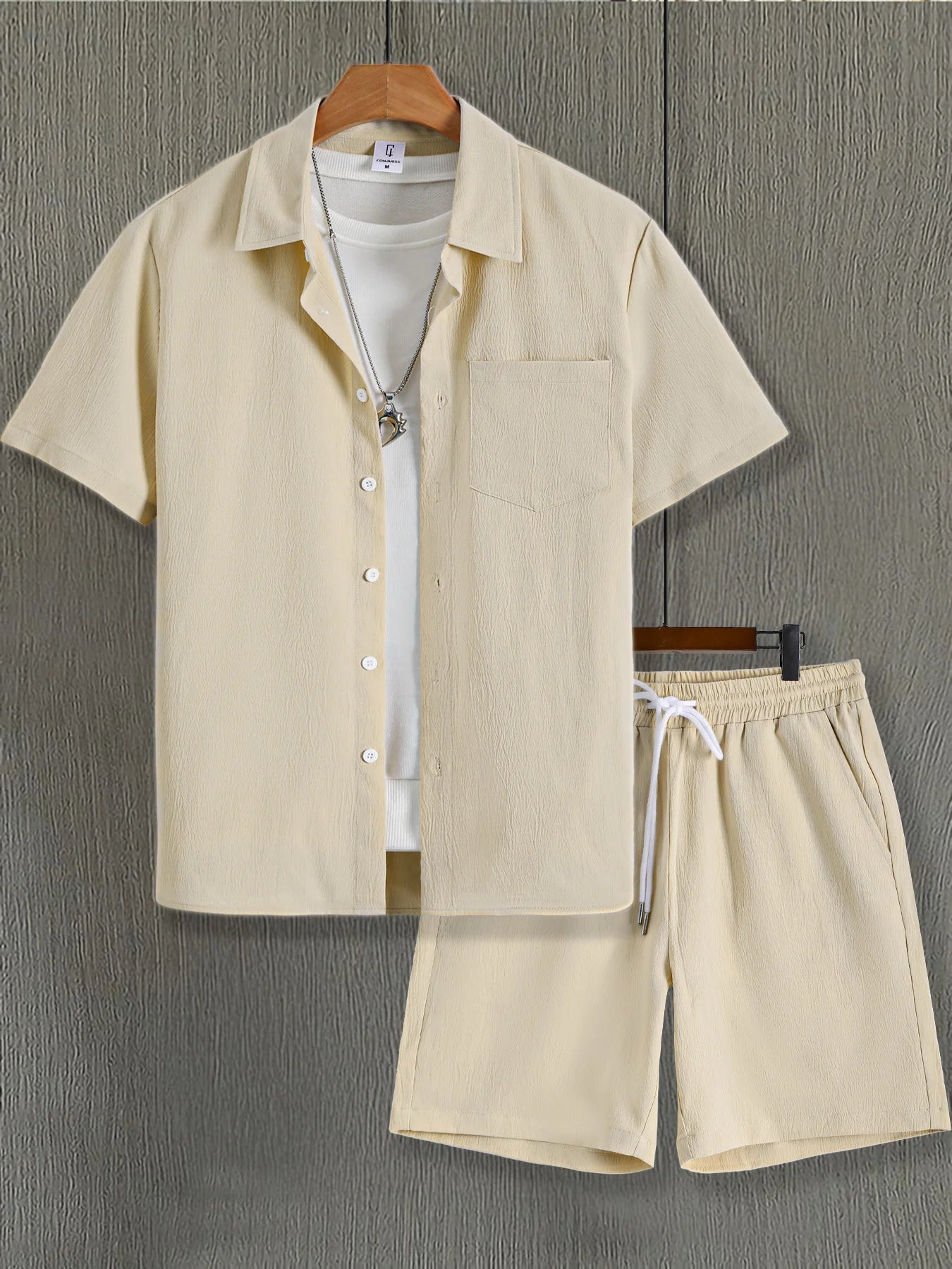 Men's Apricot Crinkle Texture Shirt Shorts 2 Piece Matching Set Lightweight Casual Vacation Outfit Free Shipping Summer Daily Commuter Wear