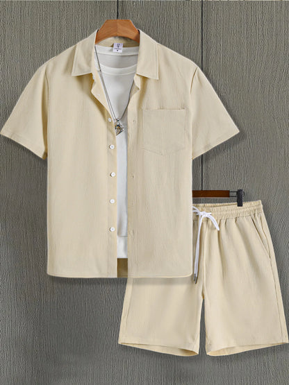 Men's Apricot Crinkle Texture Shirt Shorts 2 Piece Matching Set Lightweight Casual Vacation Outfit Free Shipping Summer Daily Commuter Wear