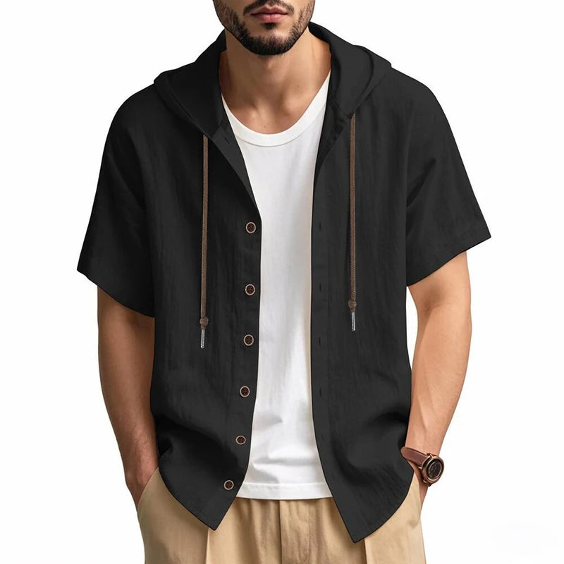 SOSUSU Men Short Sleeve Hooded Shirt Casual Button Down Drawstring Linen Style Summer Beach Tops Lightweight Breathable Loose