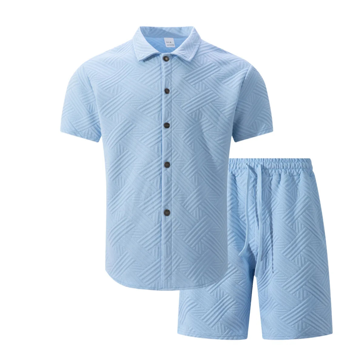2026 Spring Summer Men Hot Sale Waffle Knit Solid Color Jacquard Lapel Cardigan Short Sleeve Shirt Shorts Casual 2 Piece Set