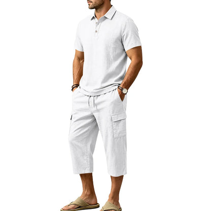 Men's Linen Breathable Loose Polo Two-Piece Set Short-Sleeve Top Work Pants Summer Beach Casual Sports Outfit