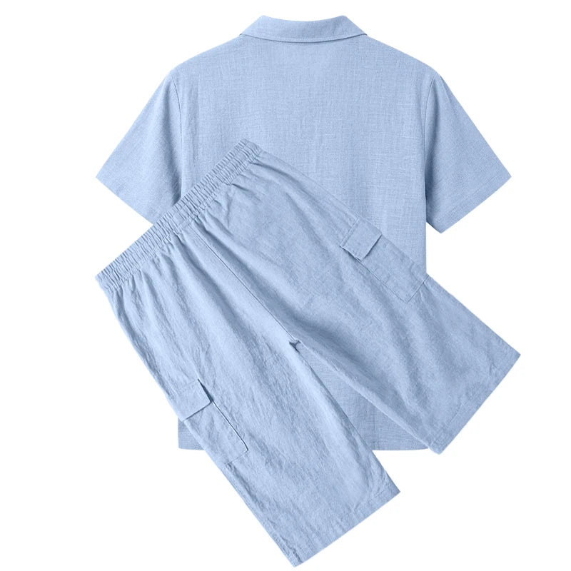 Men's Linen Breathable Loose Polo Two-Piece Set Short-Sleeve Top Work Pants Summer Beach Casual Sports Outfit