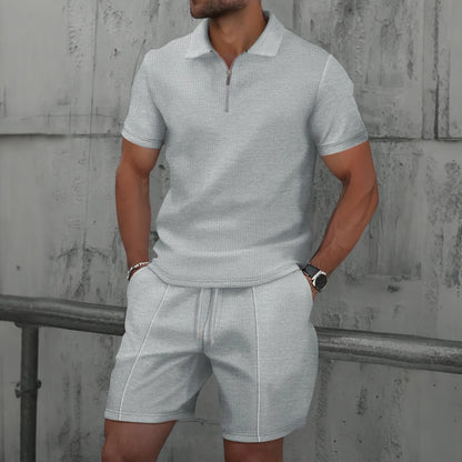 Summer Waffle Solid Color Casual Loose Collar Polo Shirt Set European and American Men Short Sleeved Shorts Casual Set