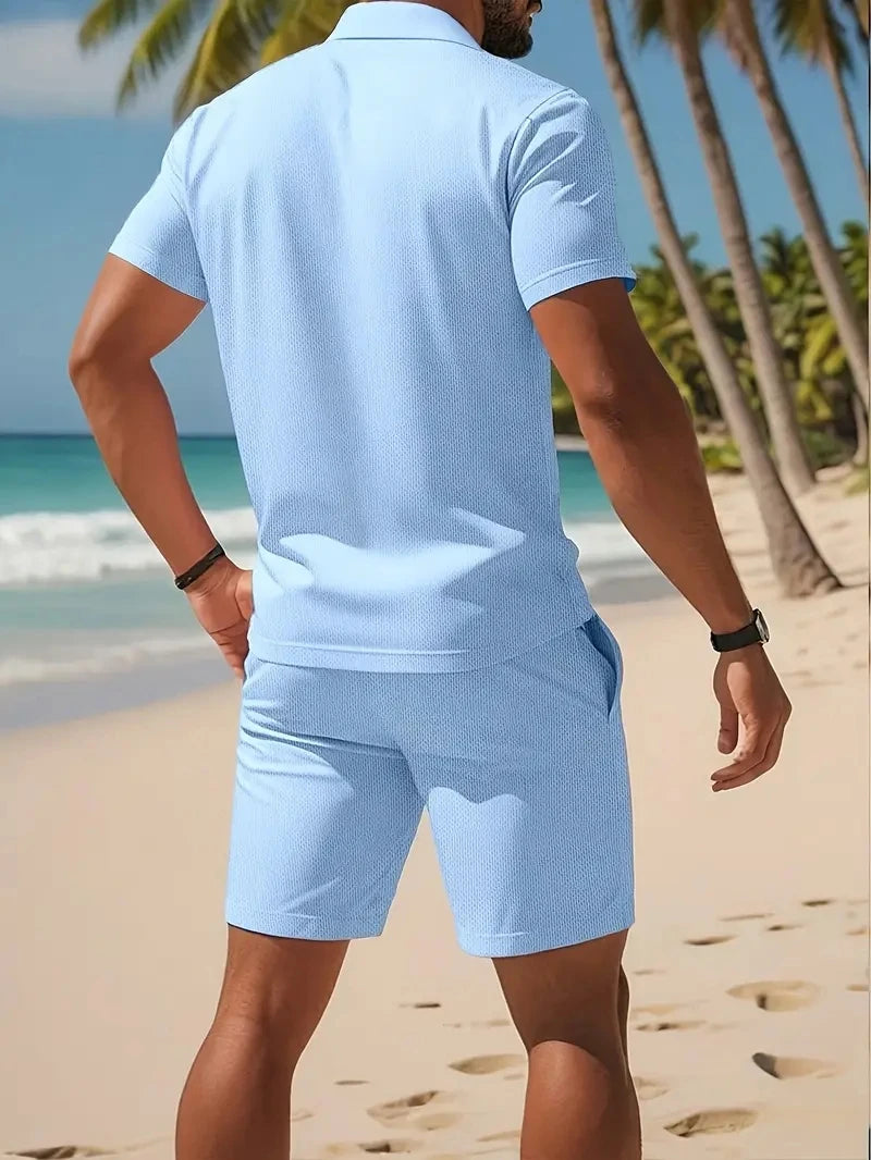 Summer Casual Versatile Fashion Short-Sleeved Button-Down Polo Shirt And Breathable Mesh Shorts Set for Men Plus Size