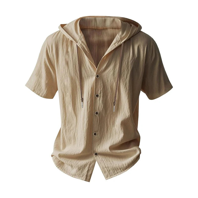 SOSUSU Men Short Sleeve Hooded Shirt Casual Button Down Drawstring Linen Style Summer Beach Tops Lightweight Breathable Loose