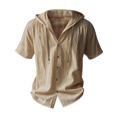 SOSUSU Men Short Sleeve Hooded Shirt Casual Button Down Drawstring Linen Style Summer Beach Tops Lightweight Breathable Loose