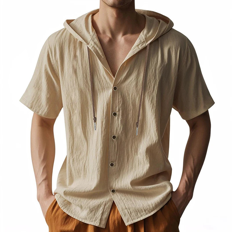 SOSUSU Men Short Sleeve Hooded Shirt Casual Button Down Drawstring Linen Style Summer Beach Tops Lightweight Breathable Loose