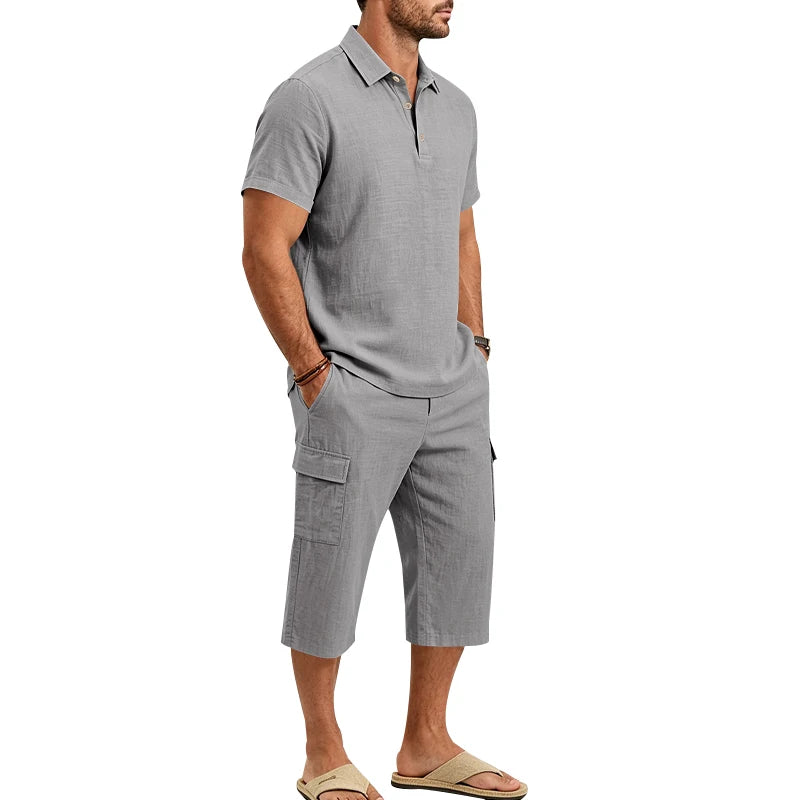 Men's Linen Breathable Loose Polo Two-Piece Set Short-Sleeve Top Work Pants Summer Beach Casual Sports Outfit