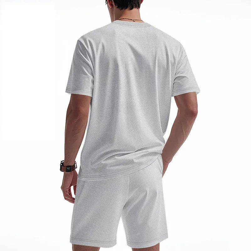 Men's Waffle Knit 2 Piece Tracksuit Set Solid Color Short Sleeve Crew Neck T Shirt Elastic Waist Shorts Summer Casual  Outfit.