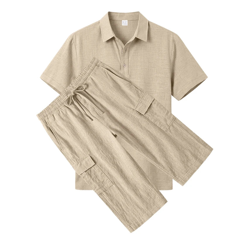 Men's Linen Breathable Loose Polo Two-Piece Set Short-Sleeve Top Work Pants Summer Beach Casual Sports Outfit
