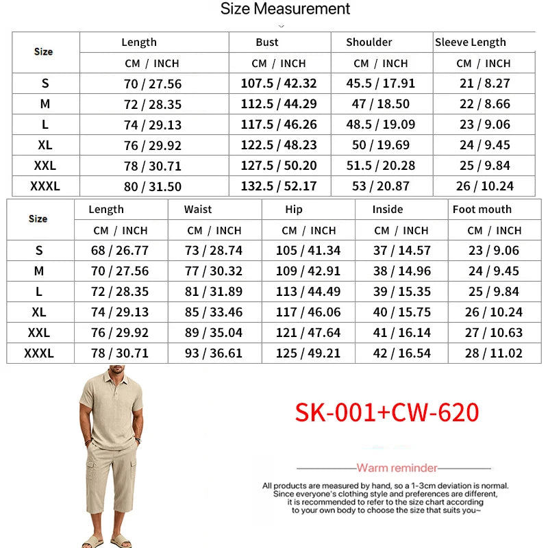 Men's Linen Breathable Loose Polo Two-Piece Set Short-Sleeve Top Work Pants Summer Beach Casual Sports Outfit