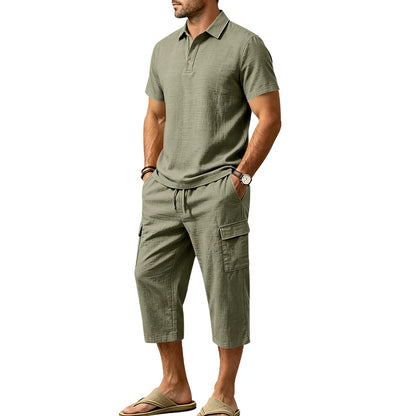 Men's Linen Breathable Loose Polo Two-Piece Set Short-Sleeve Top Work Pants Summer Beach Casual Sports Outfit