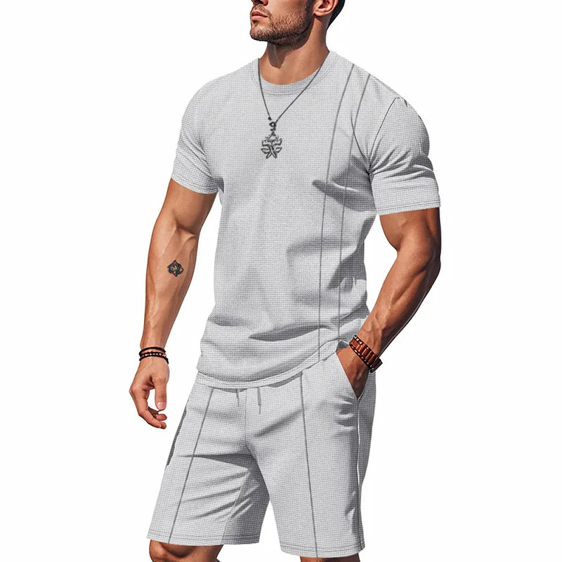 Men's Waffle Knit 2 Piece Tracksuit Set Solid Color Short Sleeve Crew Neck T Shirt Elastic Waist Shorts Summer Casual  Outfit.