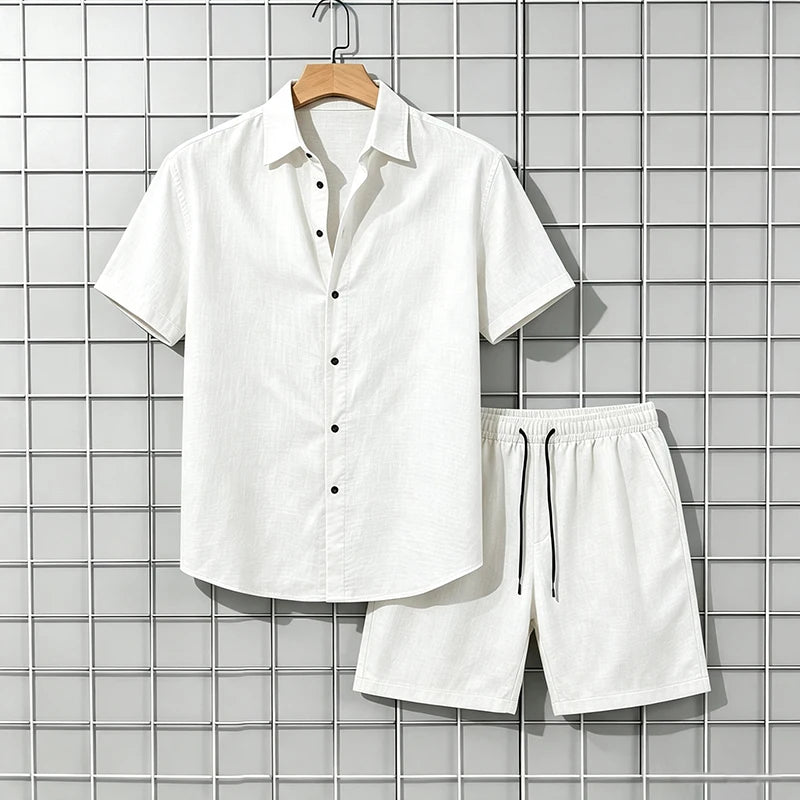 Men's 2 Piece Breathable Linen Set Short Sleeve Button Shirt & Shorts Looser Fit Summer Casual Beach Vacation Daily Wear Outfit