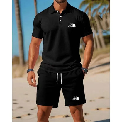 Daily essential men's casual Polo set exquisite letter printing soft glutinous fabric home fitness jogging versatile shorts set