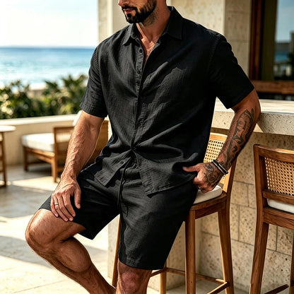 Men's 2 Piece Breathable Linen Set Short Sleeve Button Shirt & Shorts Looser Fit Summer Casual Beach Vacation Daily Wear Outfit