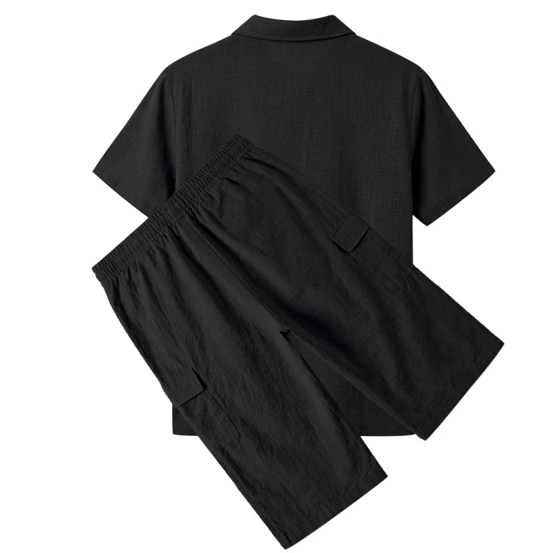 Men's Linen Breathable Loose Polo Two-Piece Set Short-Sleeve Top Work Pants Summer Beach Casual Sports Outfit