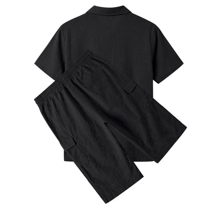 Men's Linen Breathable Loose Polo Two-Piece Set Short-Sleeve Top Work Pants Summer Beach Casual Sports Outfit