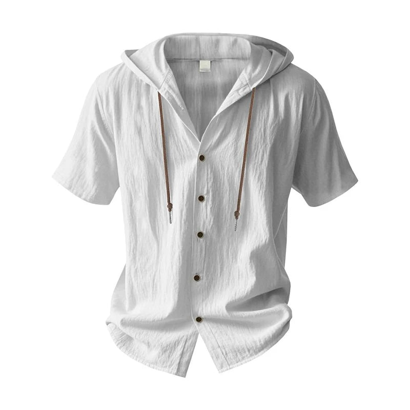 SOSUSU Men Short Sleeve Hooded Shirt Casual Button Down Drawstring Linen Style Summer Beach Tops Lightweight Breathable Loose