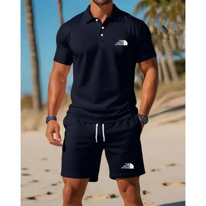 Daily essential men's casual Polo set exquisite letter printing soft glutinous fabric home fitness jogging versatile shorts set
