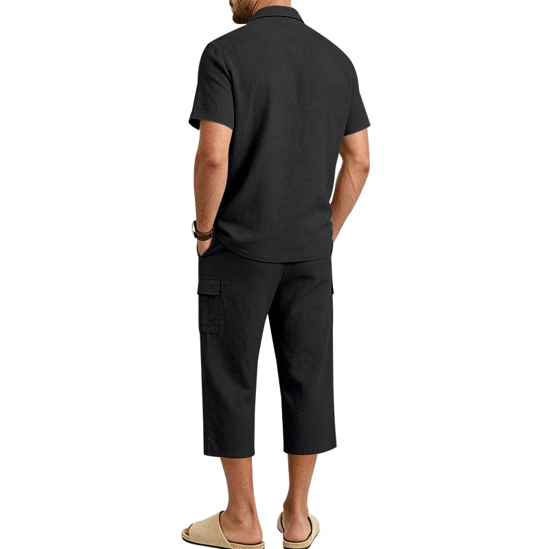 Men's Linen Breathable Loose Polo Two-Piece Set Short-Sleeve Top Work Pants Summer Beach Casual Sports Outfit