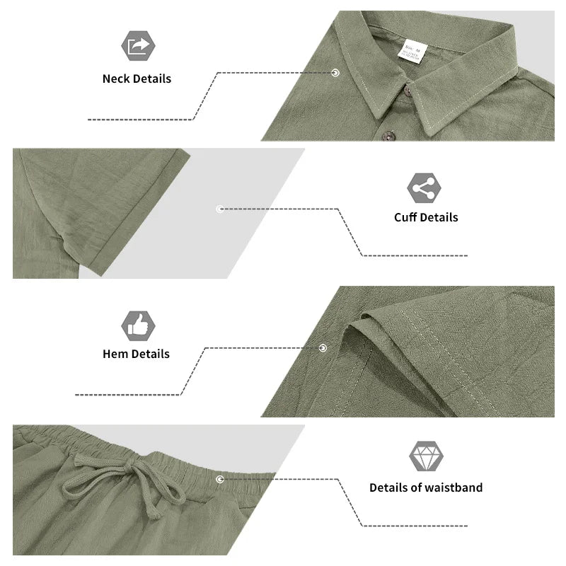 Men's Linen Breathable Loose Polo Two-Piece Set Short-Sleeve Top Work Pants Summer Beach Casual Sports Outfit