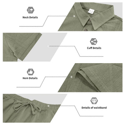 Men's Linen Breathable Loose Polo Two-Piece Set Short-Sleeve Top Work Pants Summer Beach Casual Sports Outfit