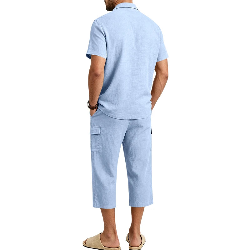 Men's Linen Breathable Loose Polo Two-Piece Set Short-Sleeve Top Work Pants Summer Beach Casual Sports Outfit