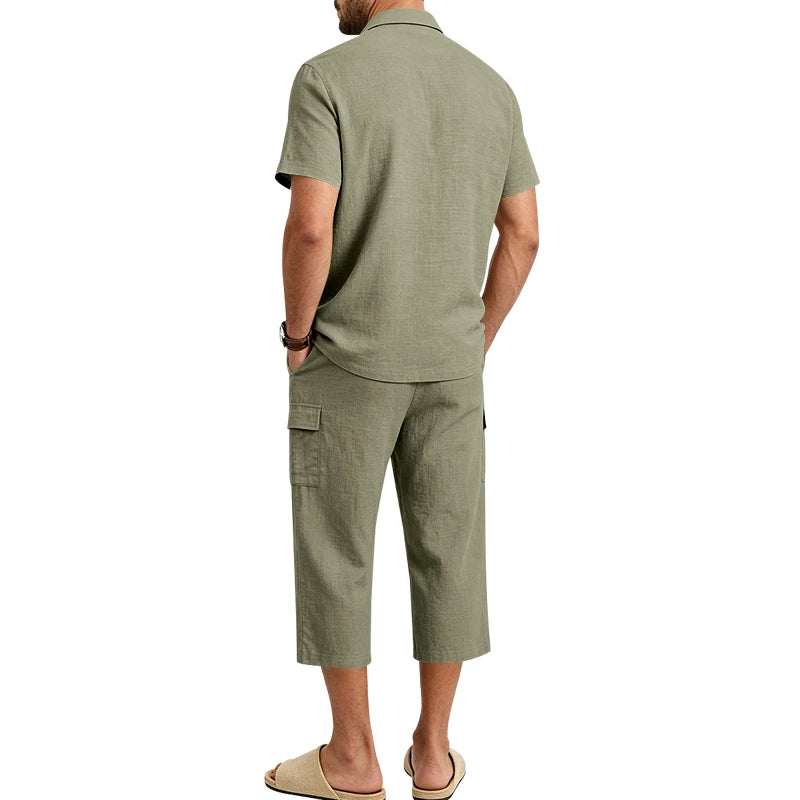 Men's Linen Breathable Loose Polo Two-Piece Set Short-Sleeve Top Work Pants Summer Beach Casual Sports Outfit