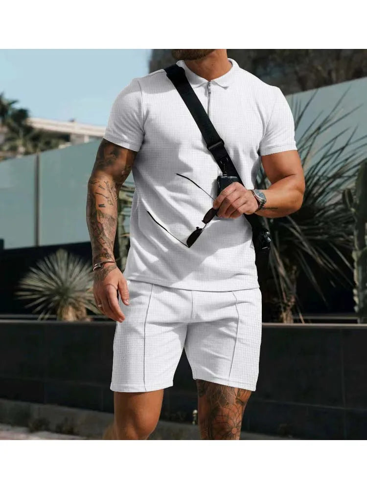 Men's Short Sleeved Shorts Casual Set Summer Waffle Solid Color Casual Sports Trend Loose Collar T-shirt Set Men